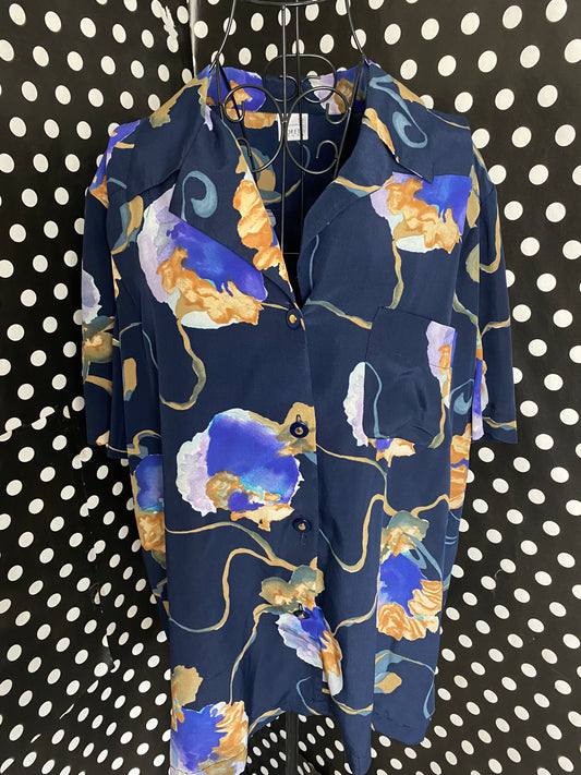 Navy blouse w/purple and orange flowers