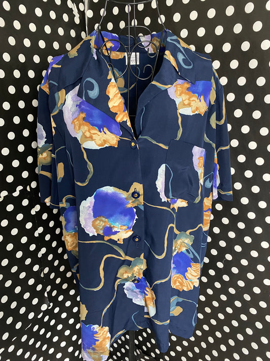 Navy blouse w/purple and orange flowers