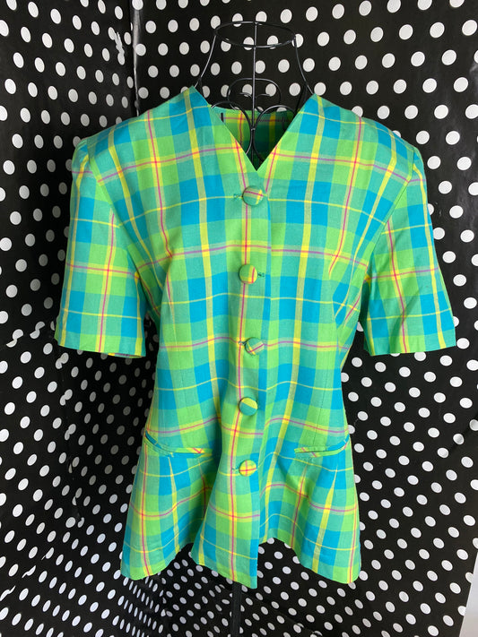 Green and blue tartan blouse